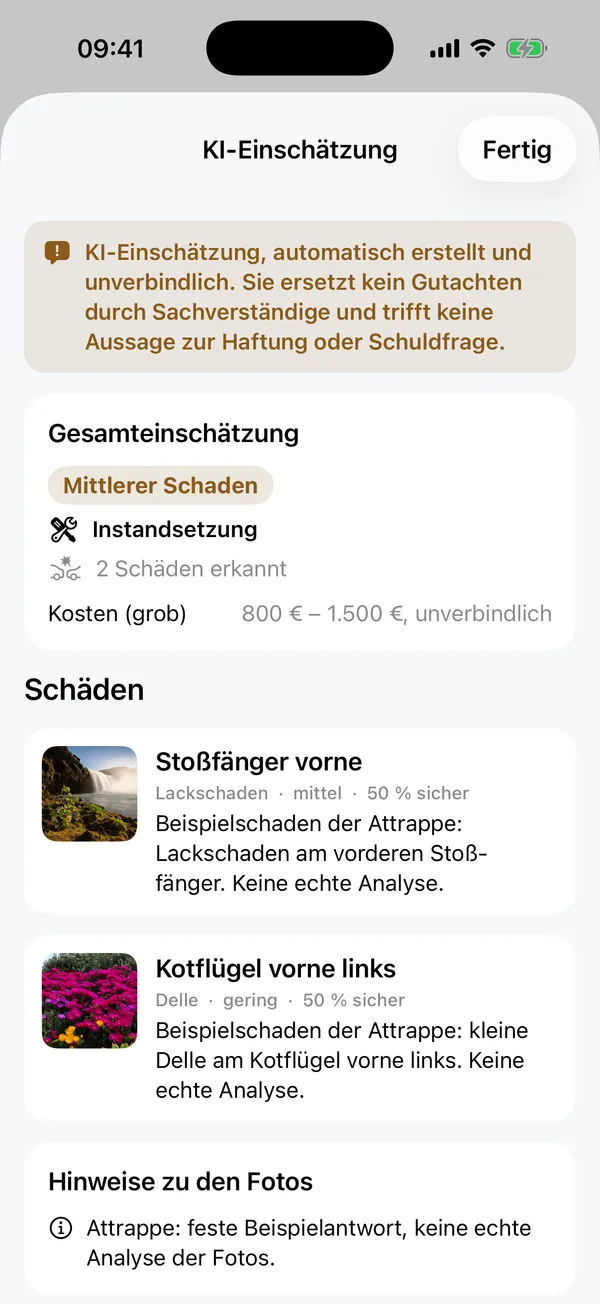 KI-Einschätzung mit Gesamteinschätzung und erkannten Schäden, Hinweis auf Unverbindlichkeit
