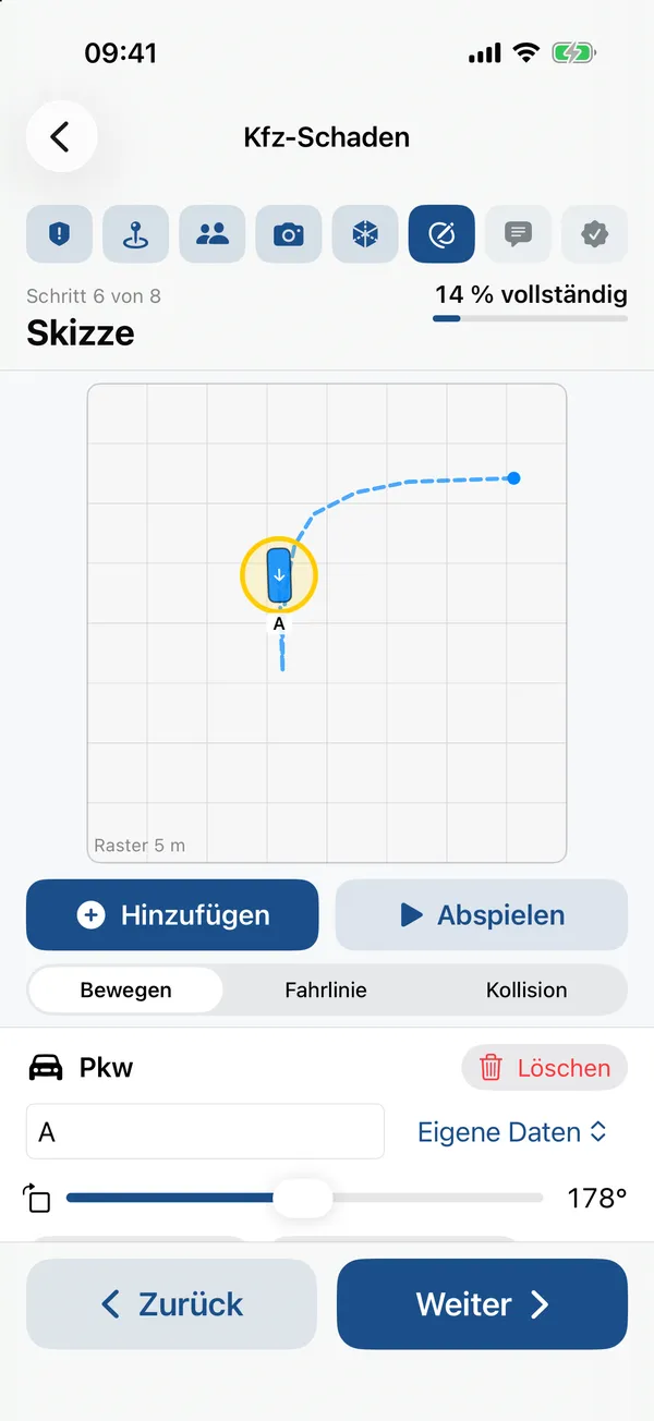 Skizze mit Fahrzeug A und Fahrlinie