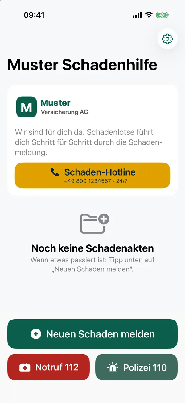 Startbildschirm der App im Branding der Muster Versicherung mit Schaden-Hotline